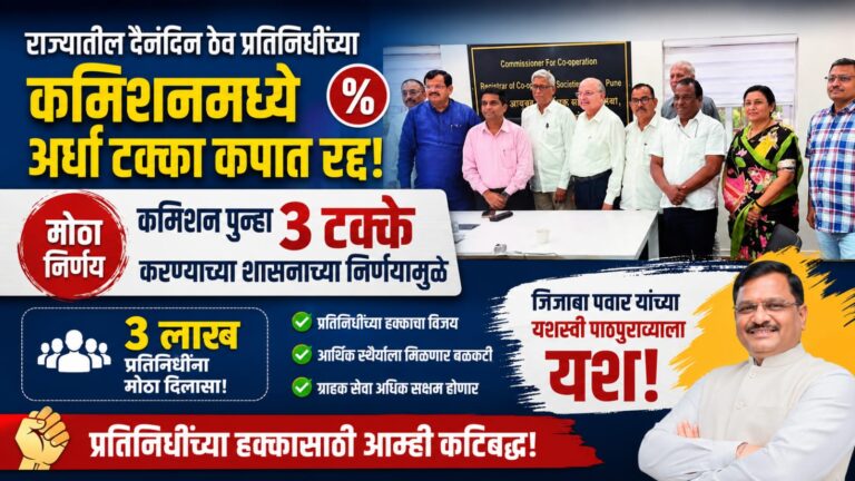 राज्यातील पतसंस्थाच्या दैनंदिन ठेव प्रतिनिधींच्या कमिशनमध्ये अर्धा टक्का कपात रद्द; कमिशन पुन्हा ३ टक्के करण्याच्या शासनाच्या निर्णयामुळे ३ लाख प्रतिनिधींना मोठा दिलासा, जिजाबा पवार यांच्या यशस्वी पाठपुराव्याला यश
